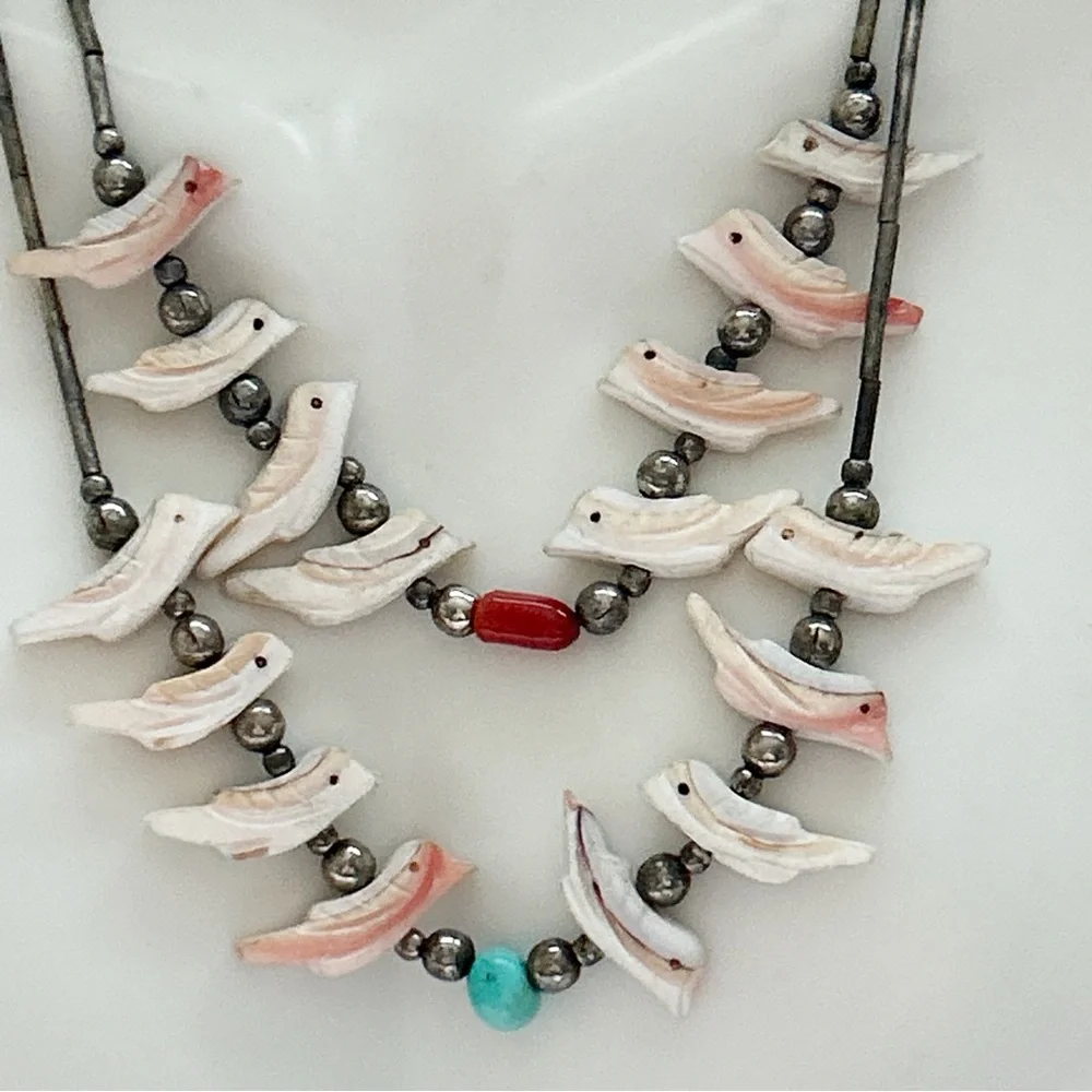 Vintage Southwestern Two Strand Fetish Turquoise Coral Sterling Silver Necklace - Picture 11 of 13